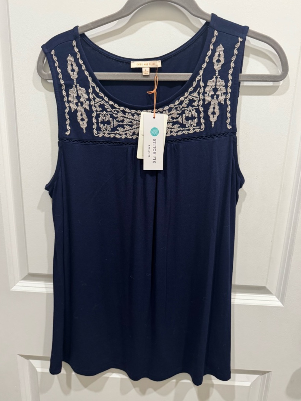 Skies Are Blue Navy Tank with Cream Embroidered Yoke
